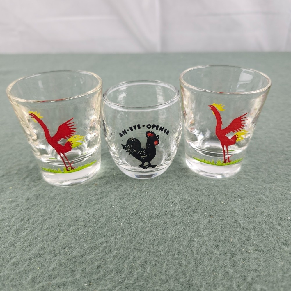 2 Vintage MCM Federal Red Rooster Shot Glasses Barware & 1 Rooster Eye Opener
